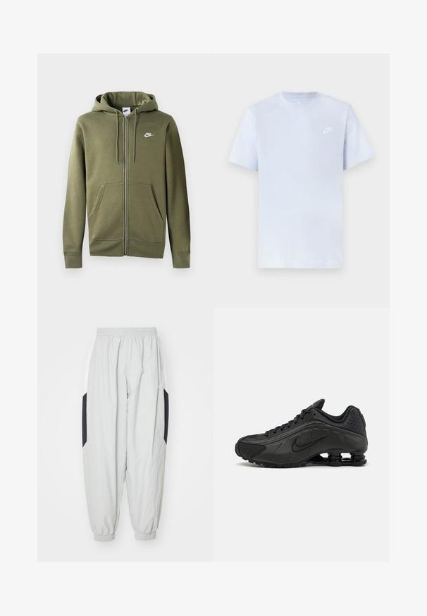 Oliivroheline tasku ja eessuunaga kapuutsiga jope pehmest kangast, millel on esine tõmblukk, kaks küljetaskut ja valge Nike logo vasakul rinnal.; Hele sinine puuvillane t-särk lühikeste varrukatega, ümar kaelus ja valge Nike logo trükituna vasakul rinnal. Sile tekstuur, lihtne disain.; Heledad hallhalli trackipüksid, mis on valmistatud kergest kangast, elastse vöökoha ja varrukatega, mustade ja valgete kontrastsete küljeelementidega.; Mustad mustat jooksujalad, millel on sile sünteetiline ülemus, perforatsioonid, tekstureeritud külgpaneelid ja eristuv elastne tall.
