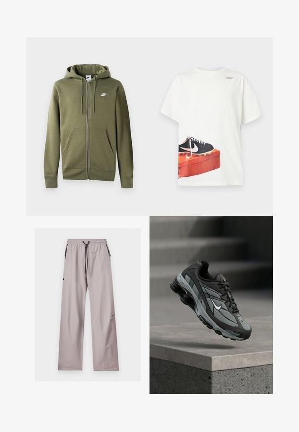 Olivgrüne Zip-Hoodie aus weichem Material mit einem Frontreißverschluss, zwei Seitentaschen und einem weißen Nike-Logo auf der linken Brust.; Weißes T-Shirt mit kurzen Ärmeln, darauf ein gedruckter schwarzer Nike-Fußballschuh auf einer abgenutzten roten Schuhschachtel in der Nähe des Saums und ein kleines Logo in der Nähe des Halsausschnitts.; Hellgraue locker sitzende Hose mit elastischem Bund, schwarzer verstellbarer Kordel und seitlichen Taschen mit schwarzen Reißverschlussdetails.; Grauer und schwarzer Sportschuh mit Netzpaneelen und dicker Sohle, schwebend in der Luft über einer Betonmauer mit Treppen im Hintergrund.