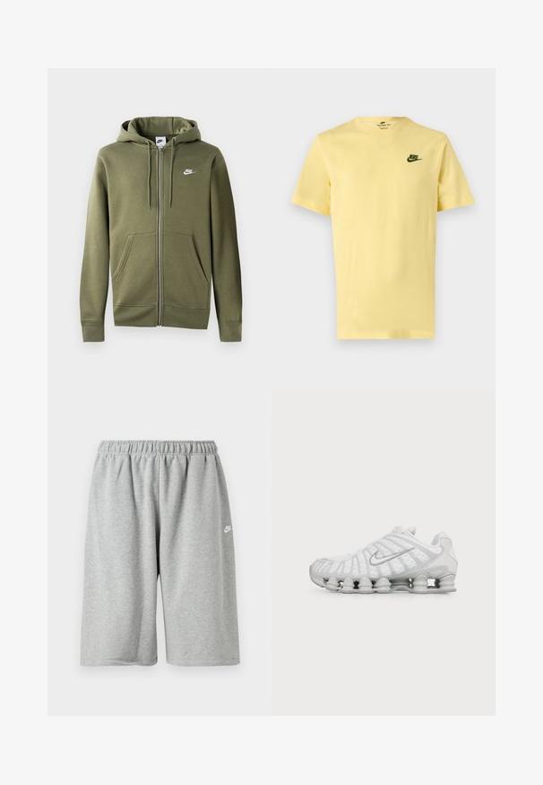 Oliivroheline tasku ja eessuunaga kapuutsiga jope pehmest kangast, millel on esine tõmblukk, kaks küljetaskut ja valge Nike logo vasakul rinnal.; Hele kollane lühikeste varrukatega Nike T-särk rohelise Nike logoga vasakul rinnal, esitatud ühevärvilisel heledal taustal.; Hallid puuvillased püksid elastse vöökoha ja lahtise lõikega, väike valge logo ääre lähedal. Sile tekstuur, pikkus üle põlve.; Valge Nike toss, millel on iseloomulik laineline disain ja vedru sarnane polsterdus tallal, nähtud küljelt ühtlasel taustal.