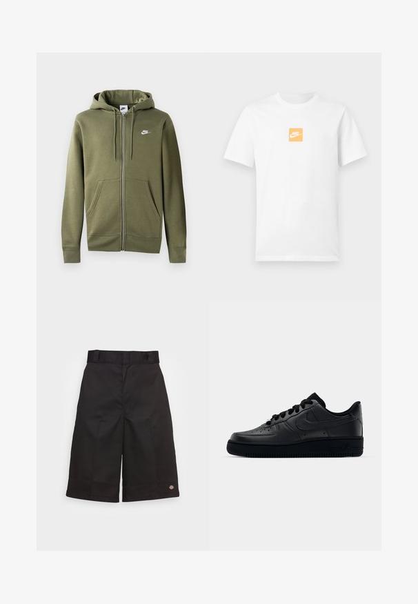Sudadera con cremallera en color verde oliva, fabricada en un tejido suave. Cuenta con una cremallera frontal, dos bolsillos laterales y un logo de Nike blanco en el pecho izquierdo.; Camiseta blanca de algodón de manga corta con un pequeño cuadrado naranja en el pecho que presenta el logo blanco de Nike y el swoosh.; Bermudas de algodón negras de corte recto, hasta la rodilla, con un logotipo visible en el dobladillo y una textura suave.; Zapatilla Nike Air Force 1 negra con parte superior de cuero liso, puntera perforada para transpirabilidad, cordones negros y suela de goma texturizada.
