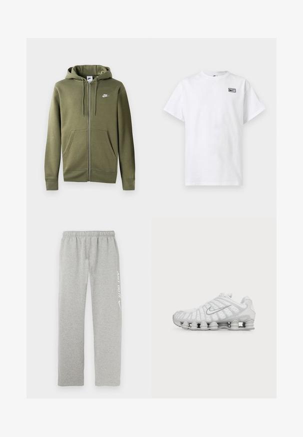 Oliivroheline tasku ja eessuunaga kapuutsiga jope pehmest kangast, millel on esine tõmblukk, kaks küljetaskut ja valge Nike logo vasakul rinnal.; Valge lühikeste varrukatega ümara kaelusega T-särk, millel vasakul rinnal väikese musta Nike swoosh logoga ristkülik.; Hallid dressipüksid, mis on valmistatud pehmest materjalist, elastse vöökohaga. Ühel jalal on valge "JUST DO IT" tekst ja Nike lööklause logo.; Valge Nike jooksujalats nähtava õhupadjaga tallaga ja hõbedase Swooshi logoga küljel, nähtav välisküljelt.