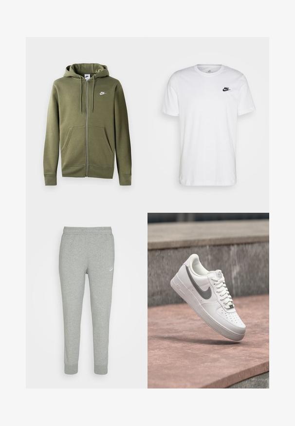 Olivgrüne Zip-Hoodie aus weichem Material mit einem Frontreißverschluss, zwei Seitentaschen und einem weißen Nike-Logo auf der linken Brust.; Weißes Baumwoll-T-Shirt mit Rundhalsausschnitt, kurzen Ärmeln und einem schwarzen Nike-Logo auf der linken Brust. Einfaches, einfarbiges Design.; Graue Sweatpants aus weichem Stoff, mit schmal zulaufendem Bein, elastischem Bund und kleinem weißen Nike-Logo am linken Oberschenkel.; Weißer Nike Air Force 1 Sneaker mit grauem Swoosh-Logo, der über einer Steinoberfläche und einem grauen Steinwandhintergrund schwebt.