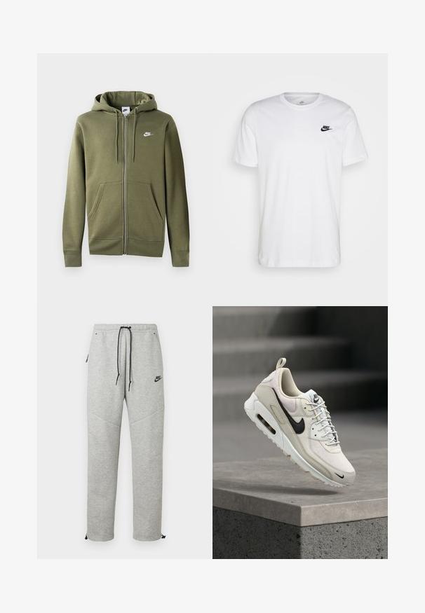 Oliivroheline tasku ja eessuunaga kapuutsiga jope pehmest kangast, millel on esine tõmblukk, kaks küljetaskut ja valge Nike logo vasakul rinnal.; Valge puuvillane T-särk, millel on ringkaelus, lühikesed varrukad ja must Nike logo vasakul rinnal. Lihtne, ühtlane värvi disain.; Hallid Nike spordipüksid, millel on nööriga vöökoht, küljetaskud ja elastsed mansetid. Omab siledat tekstuuri ja kontrastset musta logo detaili.; Beež ja valge Nike Air Max tennises musta Swooshi logoga, valgete paelte ja nähtava õhku pidava tallaga, mis lebab betoonblokil.