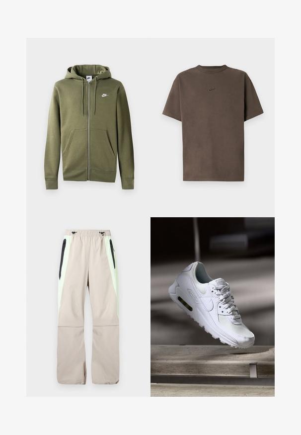 Olijfgroene zip-up hoodie van zacht materiaal, met een voorzijde rits, twee zijzakken en een wit Nike-logo op de linker borst.; Bruin Nike T-shirt met korte mouwen, ronde hals en een klein geborduurd logo midden op de borst, tegen een witte achtergrond.; Beige broek met lichtgroene zijpanelen, zwarte dijzakken met rits en elastische tailleband met zwarte trekkoorden.; Witte Nike Air Max 90 sneaker met een bovenwerk van mesh en leer, een geperforeerde teenbox en een zichtbare luchtunit in de hiel.