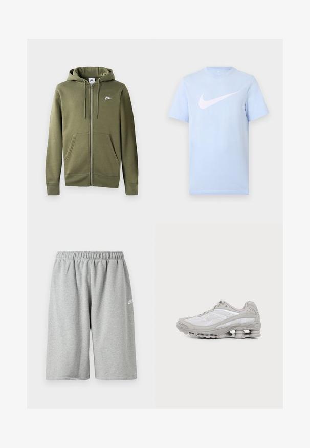 Olivengrøn zip-up hoodie i blødt stof med en frontlynlås, to sidelommer og et hvidt Nike-logo på venstre bryst.; Lyseblå T-shirt med korte ærmer og en stor hvid Nike swoosh-logo midt på forsiden mod en ensfarvet baggrund.; Grå bomuldsshorts med elastik i taljen, med løs pasform og et lille hvidt logo nær kanten. Glat tekstur, længde over knæet.; Grå og hvid atletiksko med synlig luftpolstret sål og mesh-paneler, vist i profil på en ensartet lys baggrund.