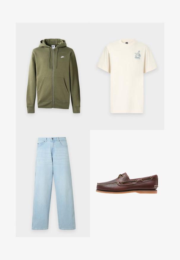 Olivgrüne Zip-Hoodie aus weichem Material mit einem Frontreißverschluss, zwei Seitentaschen und einem weißen Nike-Logo auf der linken Brust.; Cremefarbenes Baumwoll-T-Shirt mit kurzen Ärmeln, mit einem blauen Grafiklogo von The North Face und dem Text "Yosemite, CA" auf der Brust.; Hellblaue Jeans aus Denim mit hoher Taille, weitem Bein, dezentem Ausbleichen, fünf Taschen und Knopfverschluss, mit geradem Schnitt und Saum.; Brauner Leder-Bootsschuh mit weißen Nähten, Schnürdetails und hellbrauner Gummisohle, seitlich auf weißem Hintergrund gezeigt.