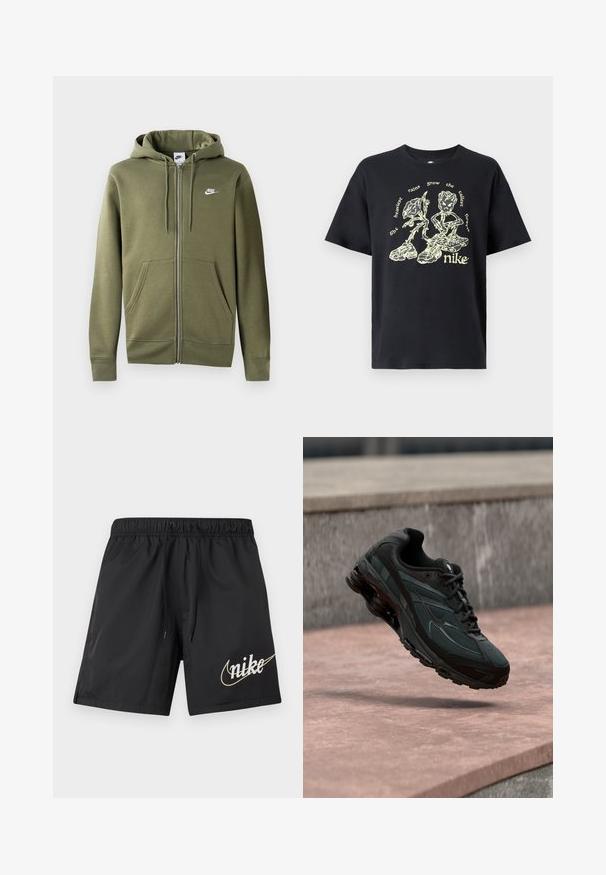 Sudadera con cremallera en color verde oliva, fabricada en un tejido suave. Cuenta con una cremallera frontal, dos bolsillos laterales y un logo de Nike blanco en el pecho izquierdo.; Camiseta de algodón negra con un diseño gráfico amarillo que muestra flores estilizadas y texto. Mangas cortas y un cuello redondo cómodo.; Pantalones cortos deportivos negros con cintura elástica y cordón, con un gran logo de Nike en beige en la parte inferior de la pierna derecha.; Zapatilla deportiva negra con entresuela visible con amortiguación de aire que flota sobre una superficie de piedra rosa con un fondo de pared de piedra gris.