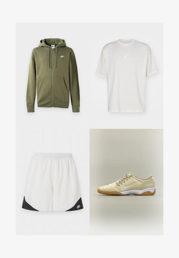 Olivengrøn zip-up hoodie i blødt stof med en frontlynlås, to sidelommer og et hvidt Nike-logo på venstre bryst.; Hvid bomulds t-shirt med rund halsudskæring, korte ærmer og et lille broderet logo i midten. Løst fit design med minimal syning.; Hvide atletikshorts med elastisk taljebånd og sorte trekantede paneler nær benåbningerne, med en hvid Nike-logo på højre side.; Beige indendørs fodboldsko med hvid Nike swoosh, gummisål, snørebånd og teksten "total90 III" på hælen, vist fra siden.