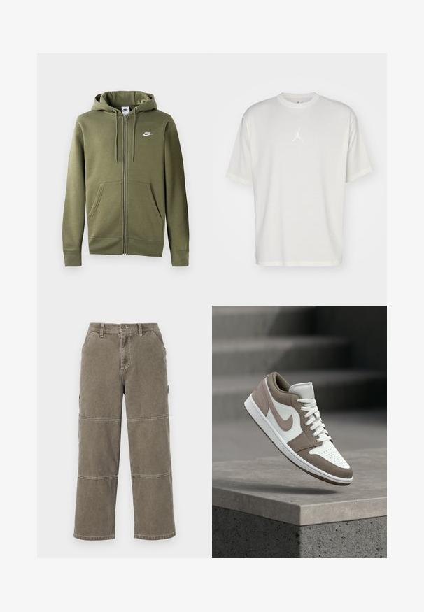 Olivengrøn zip-up hoodie i blødt stof med en frontlynlås, to sidelommer og et hvidt Nike-logo på venstre bryst.; Hvid bomulds t-shirt med rund halsudskæring, korte ærmer og et lille broderet logo i midten. Løst fit design med minimal syning.; Bomulds cargobukser i dæmpet olivengrøn med brede ben, dobbelt-syede detaljer og sidelommer, med knaplukning og bæltestropper.; Hvid og taupe lavtaske sneaker med snørebånd, mellemsål og Nike-logo hævet over en betonbalkon med trapper i baggrunden.