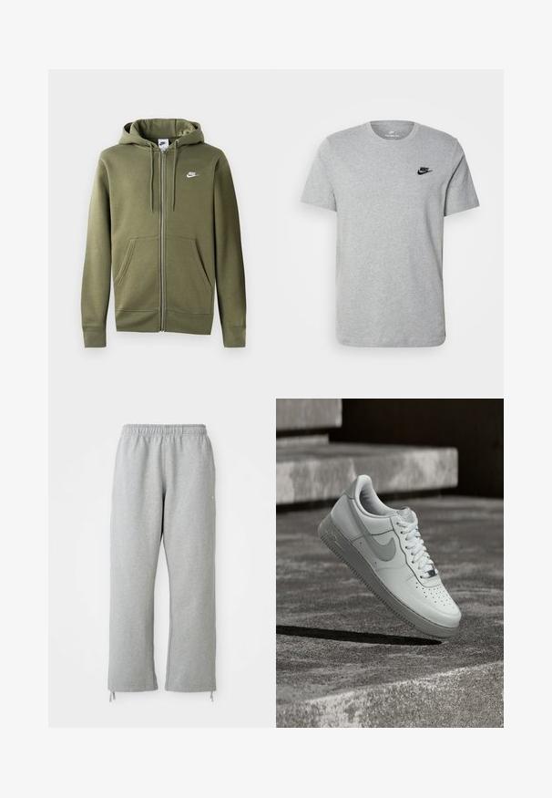 Olivgrüne Zip-Hoodie aus weichem Material mit einem Frontreißverschluss, zwei Seitentaschen und einem weißen Nike-Logo auf der linken Brust.; Graues T-Shirt mit kurzen Ärmeln aus Baumwolle, mit einem schwarzen Nike-Logo auf der Brust und einem runden Ausschnitt. Minimalistisches Design ohne Muster.; Graue Sweatpants mit einem elastischen Bund, geraden Beinen und Kordelzug-Akzenten am Saum. Hergestellt aus weichem, strukturierter Stoff.; Weißer Nike Air Force 1 Sneaker, der über einer strukturierten Betonoberfläche schwebt, mit Steinstufen im Hintergrund.