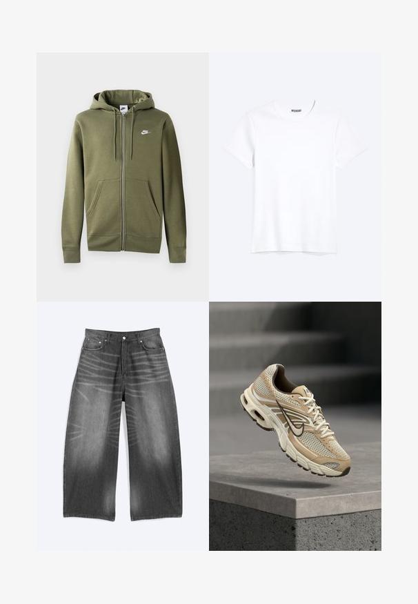 Sudadera con cremallera en color verde oliva, fabricada en un tejido suave. Cuenta con una cremallera frontal, dos bolsillos laterales y un logo de Nike blanco en el pecho izquierdo.; Camiseta blanca lisa de cuello redondo y manga corta con una etiqueta visible de la marca WEEKDAY en el cuello, mostrada sobre un fondo claro.; Vaqueros de denim negro desteñido de pierna ancha con bolsillos delanteros y cierre de botones, mostrados planos sobre un fondo claro.; Zapatilla de running Nike beige y blanca con paneles de malla y el swoosh negro, flotando sobre un borde de hormigón con escaleras desenfocadas al fondo.