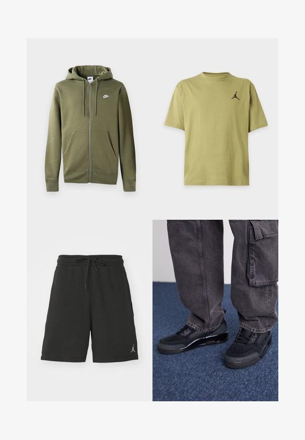 Olivgrüne Zip-Hoodie aus weichem Material mit einem Frontreißverschluss, zwei Seitentaschen und einem weißen Nike-Logo auf der linken Brust.; Schlichtes olivgrünes T-Shirt mit kurzen Ärmeln und einem kleinen schwarzen Jumpman-Logo auf der oberen linken Brust.; Schwarze Sportshorts aus weichem Material, mit einem elastischen Bund und Kordelzug, seitlichen Taschen und einem kleinen Logo am linken Bein.; Schwarze Sportschuhe mit einer strukturierten Oberfläche, glatten Akzenten und einer chunky Sohle, kombiniert mit dunklen, lässig sitzenden Cargo-Hosen.