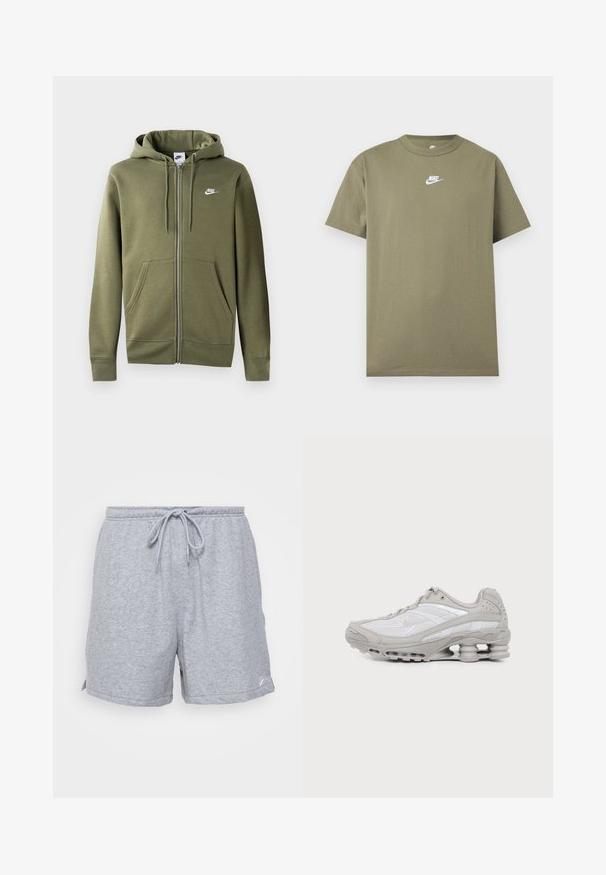 Olivengrøn zip-up hoodie i blødt stof med en frontlynlås, to sidelommer og et hvidt Nike-logo på venstre bryst.; Olivengrøn kortærmet Nike T-shirt med rund hals og hvidt logo på brystet på en ensfarvet lys grå baggrund.; Grå bomulds sportshorts med justérbar snor i taljen, sidelommer og et lille logo nederst på kanten.; Grå og hvid atletiksko med mesh-paneler, snørelukning og en unik fjedrende sål til stødabsorbering og støtte.