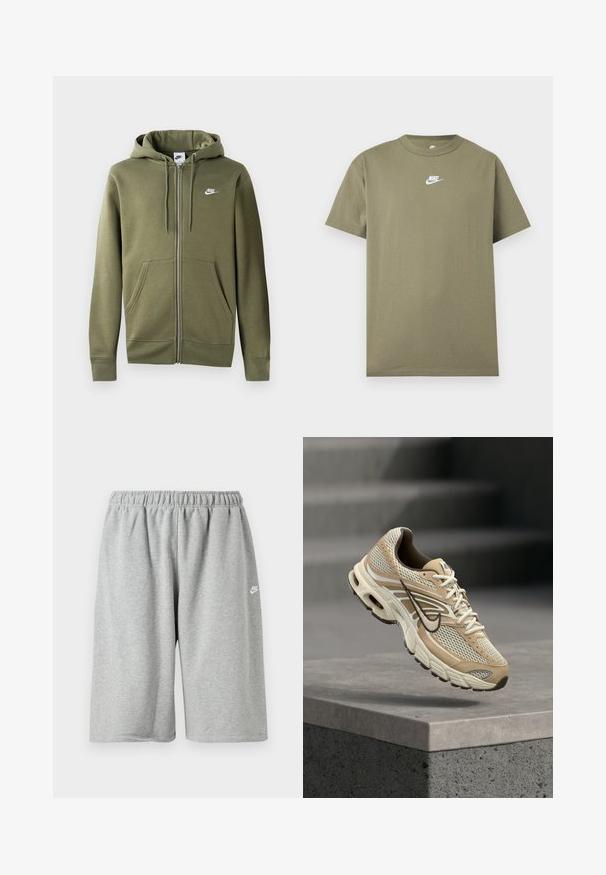 Oliivroheline tasku ja eessuunaga kapuutsiga jope pehmest kangast, millel on esine tõmblukk, kaks küljetaskut ja valge Nike logo vasakul rinnal.; Oliviroheline lühikeste varrukatega Nike T-särk, valge logoga rinnal, hele hallil ühevärvilisel taustal.; Hallid puuvillased püksid elastse vöökoha ja lahtise lõikega, väike valge logo ääre lähedal. Sile tekstuur, pikkus üle põlve.; Beež ja valge Nike jooksujalats võrkpaneelidega ja musta Swoosh-logoga, hõljumas betoonist äärise kohal, taustal udused trepid.
