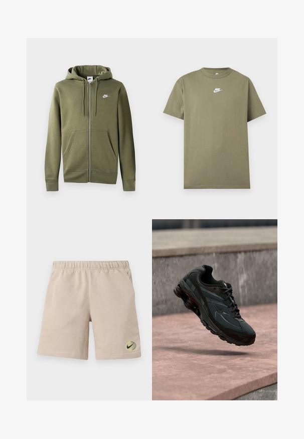 Olijfgroene zip-up hoodie van zacht materiaal, met een voorzijde rits, twee zijzakken en een wit Nike-logo op de linker borst.; Olijfgroene Nike T-shirt met korte mouwen en ronde hals met een wit logo op de borst op een effen lichtgrijze achtergrond.; Beige katoenen korte broek met elastische tailleband, zijzakken en een klein zwart Nike-swooshlogo op een groen-gele wereldbol dichtbij de zoom.; Zwarte atletische sneaker met zichtbare luchtgeveerde tussenzool die boven een roze stenen oppervlak zweeft met een grijze stenen muur op de achtergrond.