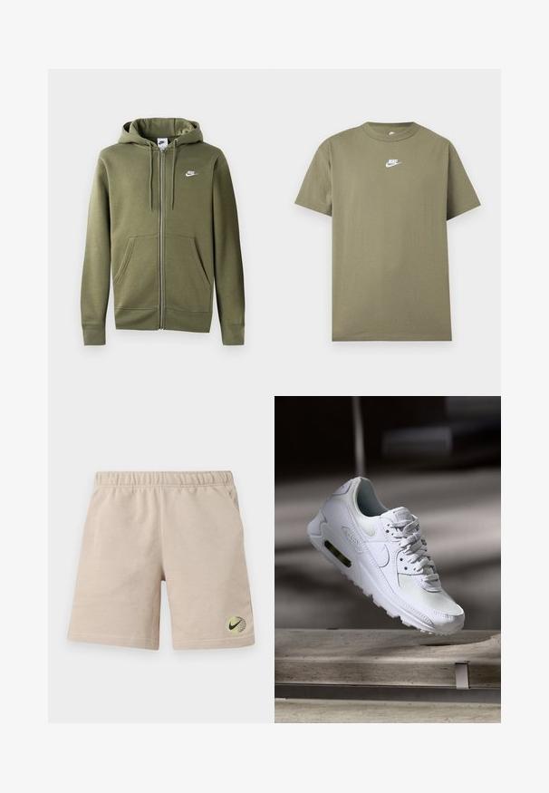 Olivgrüne Zip-Hoodie aus weichem Material mit einem Frontreißverschluss, zwei Seitentaschen und einem weißen Nike-Logo auf der linken Brust.; Olivgrünes Nike T-Shirt mit kurzen Ärmeln und Rundhalsausschnitt, mit weißem Logo auf der Brust vor einem einfarbigen hellgrauen Hintergrund.; Beige Baumwoll-Shorts mit elastischem Bund, Seitentaschen und kleinem schwarzem Nike-Swoosh-Logo auf einem grün-gelben Globus nahe dem Saum.; Weiße Nike Air Max 90 Sneaker mit einem Obermaterial aus Mesh und Leder, durchlässigem Zehenbereich und einer sichtbaren Air-Einheit in der Ferse.