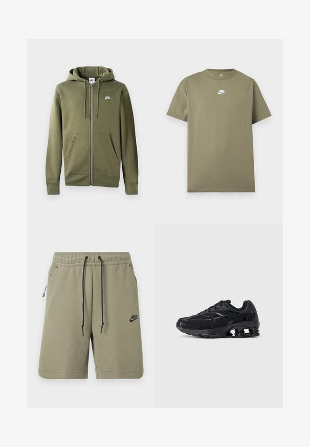 Sudadera con cremallera en color verde oliva, fabricada en un tejido suave. Cuenta con una cremallera frontal, dos bolsillos laterales y un logo de Nike blanco en el pecho izquierdo.; Camiseta Nike de manga corta y cuello redondo en verde oliva con logo blanco en el pecho sobre un fondo liso gris claro.; Pantalones cortos Nike verde oliva con cordón negro, cintura elástica, bolsillos laterales y logo de Nike en la pierna izquierda.; Zapatilla deportiva negra con parte superior de malla, cuello acolchado y tecnología de amortiguación prominente en el talón. Presenta detalles texturizados y cordones.