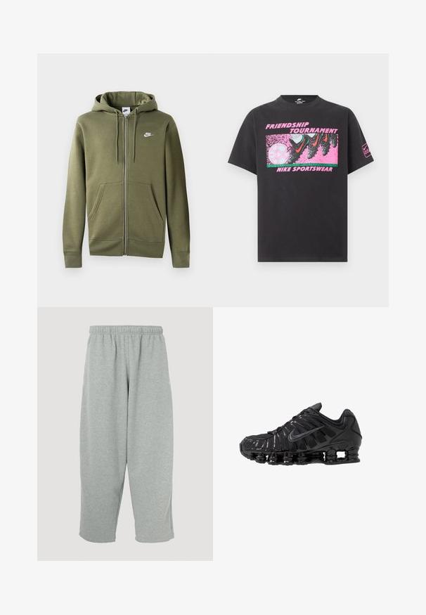 Olijfgroene zip-up hoodie van zacht materiaal, met een voorzijde rits, twee zijzakken en een wit Nike-logo op de linker borst.; Zwart Nike T-shirt met een roze afbeelding van voetbalschoenen die een voetbal trappen, tekst "Friendship Tournament" en "Nike Sportswear" op de voorkant.; Lichtgrijze joggingbroek met een elastische tailleband, taps toelopend ontwerp en zachte textuur. Geen zichtbare merklogo's of patronen.; Zwarte sportschoenen gemaakt van mesh en synthetische materialen, met een opvallend golvend ontwerp, zwarte rubberen zool en reflecterende accenten.