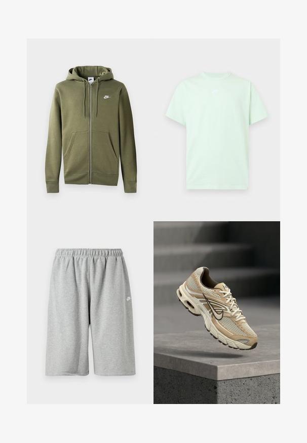 Olijfgroene zip-up hoodie van zacht materiaal, met een voorzijde rits, twee zijzakken en een wit Nike-logo op de linker borst.; Lichtgroen Nike T-shirt met korte mouwen, een ronde hals en een klein wit logo in het midden van de borst tegen een effen achtergrond.; Grijze katoenen shorts met een elastische tailleband, voorzien van een losse pasvorm en een klein wit logo vlakbij de zoom. Gladde textuur, boven-knielengte.; Beige en witte Nike hardloopschoen met mesh panelen en zwarte Swoosh, zwevend boven een betonnen richel met wazige trappen op de achtergrond.