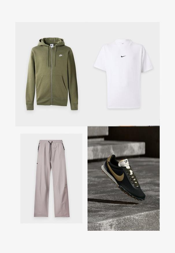 Olijfgroene zip-up hoodie van zacht materiaal, met een voorzijde rits, twee zijzakken en een wit Nike-logo op de linker borst.; Wit T-shirt met korte mouwen met zwart Nike swoosh-logo in het midden van de borst en een eenvoudige ronde hals.; Lichtgrijze losse broek met elastische tailleband, zwarte verstelbare trekkoord en zijzakken met zwarte ritsdetails.; Zwart-gouden Nike hardloopschoen met een gestructureerde bovenkant en patroonveters, zwevend boven een ruwe betonnen ondergrond en trappen.