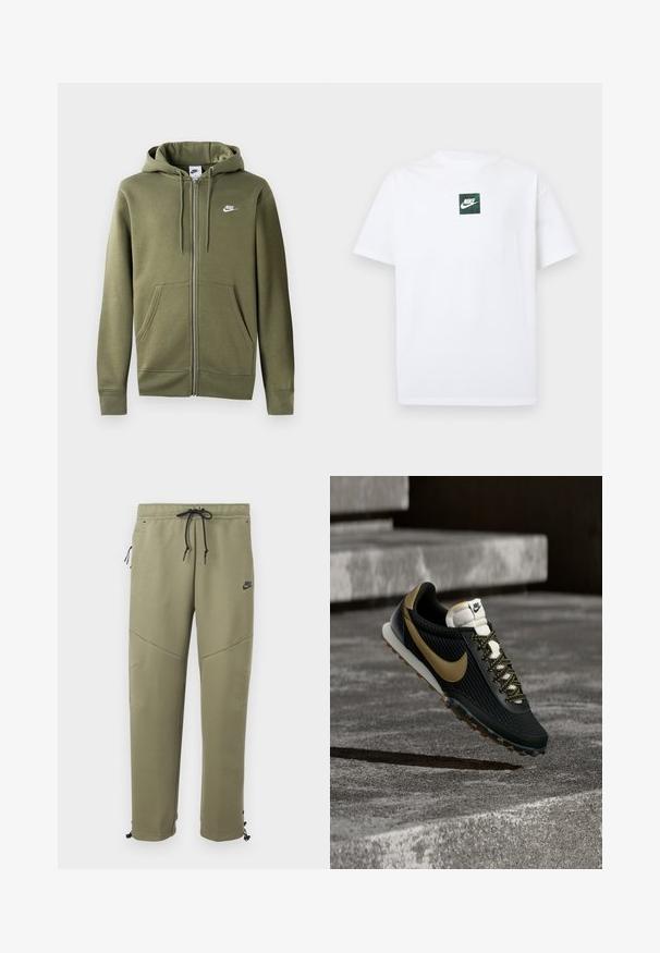 Oliivroheline tasku ja eessuunaga kapuutsiga jope pehmest kangast, millel on esine tõmblukk, kaks küljetaskut ja valge Nike logo vasakul rinnal.; Valge lühikeste varrukatega Nike T-särk, millel on väike roheline ruutlogo, kus on Nike swoosh ja tekst, mis asub rinnal keskel.; Oliivirohelised Nike dressipüksid mustade paeladega, küljetasku lukuga, põlvepaneelide ja reguleeritavate pahkluu paeladega.; Must ja kuldne Nike jooksujalats tekstuurse pealispinna ja mustriliste paeltega, hõljumas karest betoonpinnast ja treppidest kõrgemal.