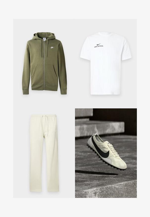 Olivgrüne Zip-Hoodie aus weichem Material mit einem Frontreißverschluss, zwei Seitentaschen und einem weißen Nike-Logo auf der linken Brust.; Weißes Baumwoll-T-Shirt mit kurzen Ärmeln. Es zeigt ein schwarzes "Nike Official"-Logo und einen schwarzen Swoosh auf der linken Brustseite.; Hellbeige Jogginghose mit Kordelzug in der Taille, aus weichem Material. Verfügt über ein dezentes Nike-Logo in Weiß auf dem linken Oberschenkel.; Weißer Nike-Sneaker mit schwarzem Swoosh-Logo, Schnürsenkeln und Gummiprofilsohle, in der Luft über Betontreppen gezeigt.