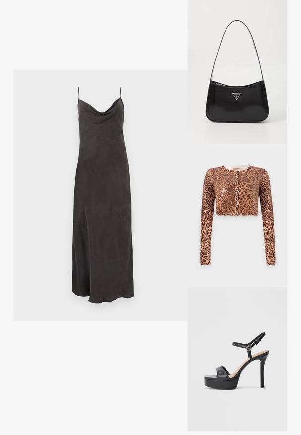 Leoparden-Print Cropped Cardigan, mit langen Ärmeln, Knopfverschluss und einem strukturierten Strickstoff mit glänzendem Akzent.; Schwarzes Satinkleid mit dünnen Spaghettiträgern und einem drapierten Ausschnitt, das bis zum Knöchel fließt.; Schwarze Plateausandalen mit hohem Stiletto-Absatz, ausgestattet mit einem glatten Lederobermaterial, einem Peeptoe-Design und einem verstellbaren Knöchelriemen mit Metallbeschlägen.; Schwarze patentierte Leder-Schultertasche mit geschwungener Form, ausgestattet mit einem silbernen Dreieckslogo und einem Reißverschluss. Glatte Textur und schmaler Riemen.