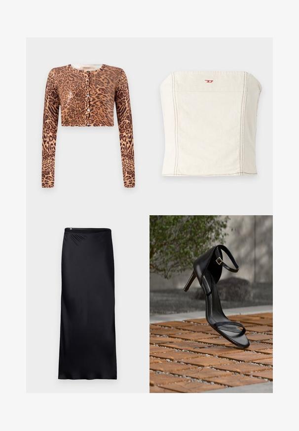 Cropped cardigan met luipaardprint, voorzien van lange mouwen, knoopsluiting en een textuur gebreide stof met een glanzend accentdetail.; Lichtbeige, getailleerde crop top van katoen, met een rechte halslijn, minimale stikseldetails en een klein rood logo op de voorkant.; Zwarte, vloerlange rok gemaakt van een gladde, lichte stof. Heeft een eenvoudig ontwerp met een naadloze tailleband en een ritsdetail.; Zwarte hoge hak sandaal met enkelbandje zweeft boven een houten tegelvloer buiten, met een onscherpe groene en stenen achtergrond.