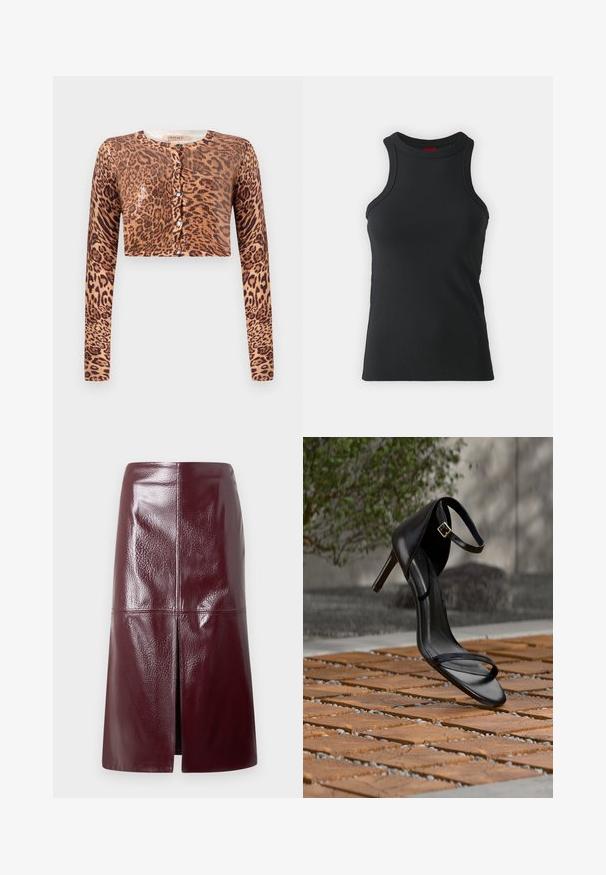 Kardigan i leopardmønster, med lange ærmer, knaplukning og et struktureret strikket stof med en blank detalje.; Sort ærmeløs tanktop lavet af strækbart stof. Har en rund hals og en tætsiddende silhuet med minimale syninger.; Vinrød nederdel i imiteret læder med blank finish, knælængde, med frontslids og sømdetaljer. Glat tekstur og rene linjer.; Sort højhælet sandal med ankelsnor, der ser ud til at svæve over et trægulv udendørs med sløret grønt og sten i baggrunden.