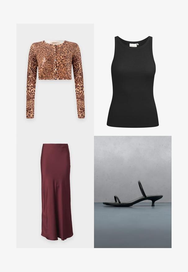 Cropped cardigan met luipaardprint, voorzien van lange mouwen, knoopsluiting en een textuur gebreide stof met een glanzend accentdetail.; Zwarte tanktop van ribstof, met een ronde hals en een aansluitende pasvorm. Platte naden en zonder versieringen. Eenvoudig en strak ontwerp.; Bordeaux satijnen maxirok met een aansluitende taille en een uitlopende zoom, voorzien van een gladde textuur en zonder zichtbare patronen of versieringen.; Zwarte Calvin Klein sandaal met hoge hak en dunne bandjes, in balans op houten tegels buiten, vlakbij een muur en groen.