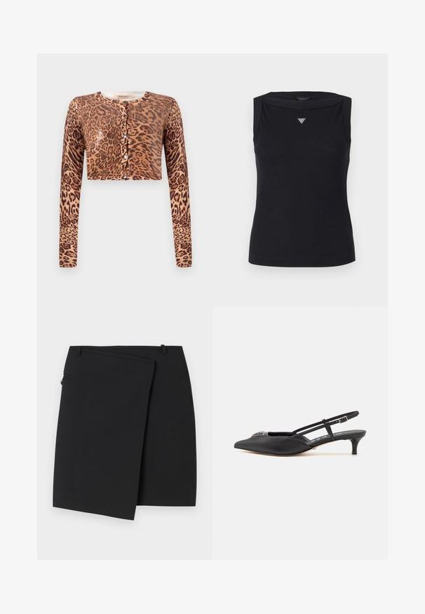 Leopardimustriga lühike cardigan, millel on pikad varrukad, nööbiga kinnitamine ning tekstuuriga kudum, millel on sädelev detail.; Must reie avatud õlavartega must särk, mis on valmistatud puuvillast. Särgil on vene stiilis kaelus ja rinnal väike kristallne kolmnurkne logo. Sile tekstuur.; Must mustriba mustriba, mis on sile tekstuur, külgvisiiriga ja kahe vöökohaga. Lihtne disain ilma nähtavate mustrite või aktsentideta.; Mustad musta rihmaga kingad terava ninaga, valmistatud siledast materjalist, väikese kontsaga ja kaunistava hõbedase aksessuaari ning sillerdava pealsega.