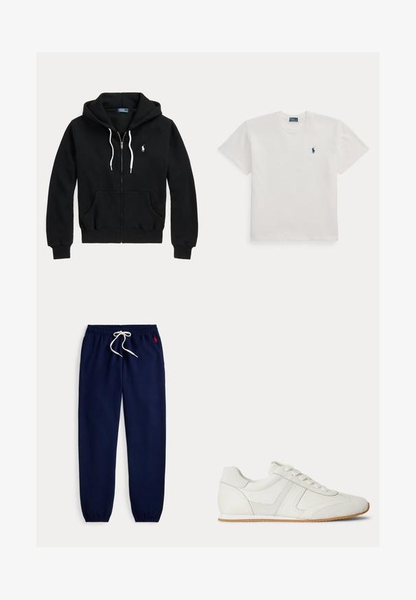 Sweat à capuche noir zippé avec cordons blancs, poches avant, poignets côtelés et petit logo blanc Polo Ralph Lauren sur la poitrine gauche.; T-shirt blanc à manches courtes et col rond avec un petit logo joueur de polo bleu marine sur le côté gauche de la poitrine.; Pantalon de jogging bleu marine avec taille et poignets élastiques, cordon blanc et petit logo rouge sur le haut à gauche.; Baskets basses blanches avec laçage à l'avant, panneaux en daim et cuir, et une semelle en caoutchouc marron clair sur fond blanc.