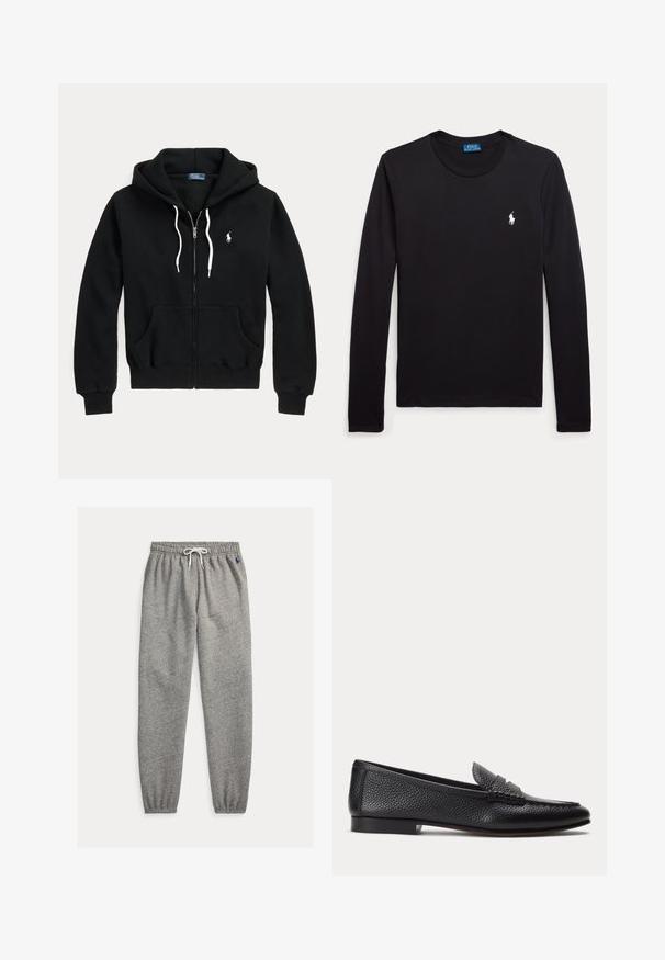 Sweat à capuche noir zippé avec cordons blancs, poches avant, poignets côtelés et petit logo blanc Polo Ralph Lauren sur la poitrine gauche.; T-shirt noir à manches longues col rond avec petit logo cheval Polo Ralph Lauren blanc sur la poitrine gauche.; Pantalon de survêtement gris en mélange de coton doux, avec une taille élastique et un cordon de serrage, des chevilles resserrées et un petit logo en accent.; Polo Ralph Lauren Chaussons - black