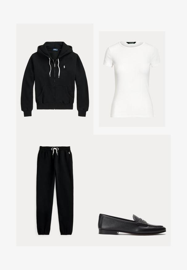 Sweat à capuche noir zippé avec cordons blancs, poches avant, poignets côtelés et petit logo blanc Polo Ralph Lauren sur la poitrine gauche.; T-shirt blanc uni ajusté à manches courtes avec col rond et étiquette Lauren Ralph Lauren à l'intérieur du col.; Pantalon de jogging noir avec ceinture élastique et cordon blanc, poignets élastiques, et petit logo cheval blanc sur la hanche gauche.; Mocassin en cuir texturé noir avec petit talon et détail classique de bride à pièce, présenté de profil sur un fond clair uni.