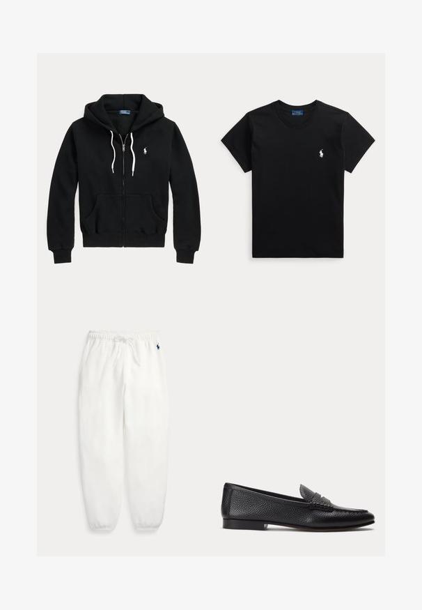 Sweat à capuche noir zippé avec cordons blancs, poches avant, poignets côtelés et petit logo blanc Polo Ralph Lauren sur la poitrine gauche.; T-shirt noir manches courtes col rond avec petit logo blanc joueur de polo sur la poitrine gauche et étiquette bleue à l’intérieur du col.; Pantalon de survêtement en polaire blanche avec taille et poignets élastiques, cordon de serrage, et petit logo brodé bleu foncé sur la hanche gauche.; Mocassin en cuir texturé noir avec petit talon et détail classique de bride à pièce, présenté de profil sur un fond clair uni.