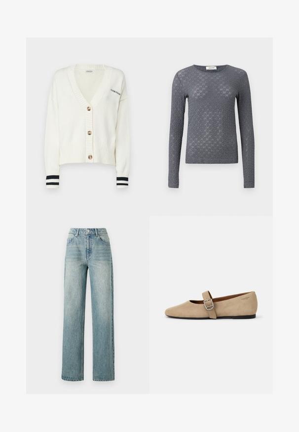Valkoinen neulecardigan V-pääntiellä, jossa on neljä suurta nappia ja musta-valkoiset raidat hihoissa. Tekstissä lukee "GUESS JEANS."; Harmaa pitkähihainen neule, jossa on teksturoitu kuvio. Pehmeä neulottu materiaali ja pyöreä kaula-aukko. Ominaisuuksina istuva siluetti ja hienovarainen kiilto.; Copenhagen Muse JEANNE PANTS - Relaxed fit -farkut - medium dirty washed denim; Beige mokasyny Mary Jane z zamszu z ostrym noskiem i jedną regulowaną paskiem z metalowym zapięciem. Czarna płaska podeszwa.