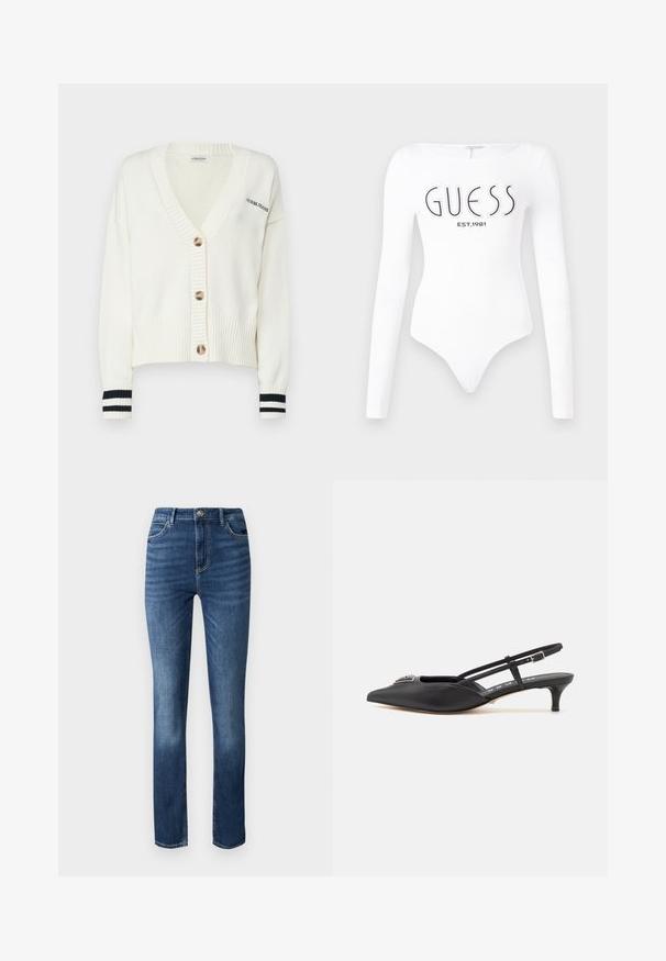 Hvid strikket cardigan med V-hals, prydet med fire store knapper samt sort-hvide striber på ærmerne. Teksten lyder "GUESS JEANS."; Hvid langærmet bodystocking med rund halsudskæring. Har "GUESS" logo og "EST.1981" trykt i sort på forsiden. Glat tekstur.; Mørkeblå denim jeans med lige ben, fem-lomme stil og diskret slidmærker foran for ekstra tekstur.; Sorte slingback-sko med spids tå, lavet af glat materiale, med en lille hæl og en dekorativ sølvaccent på vamps.
