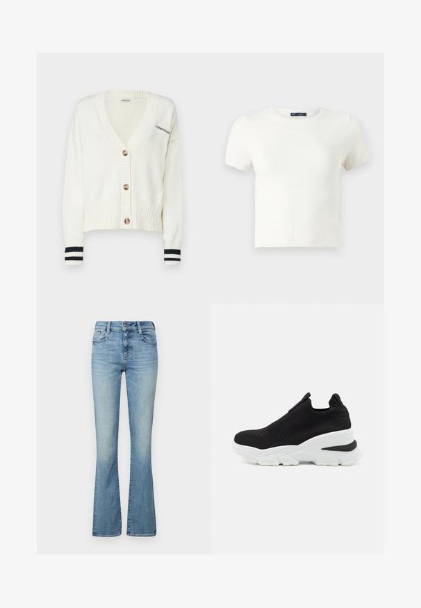 Valkoinen neulecardigan V-pääntiellä, jossa on neljä suurta nappia ja musta-valkoiset raidat hihoissa. Tekstissä lukee "GUESS JEANS."; Valkoinen lyhythihainen t-paita, joka on valmistettu pehmeästä materiaalista. Siinä on klassinen pyöreä pääntie ja slim fit -malli ilman näkyviä kuvioita tai yksityiskohtia.; Vaaleansiniset farkut leveillä lahkeilla, joissa on keskikorkea vyötärö, etutaskut ja haalistunut pinta. Klassinen 5-taskuinen malli, jossa on ompeluyksityiskohtia.; Mustat neulotut slip-on -lenkkarit valkoisella paksulla pohjalla, joissa on teksturoitu kangas ja takana vetoketju helppoa pukemista varten.