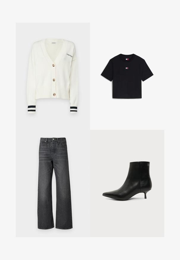 Hvid strikket cardigan med V-hals, prydet med fire store knapper samt sort-hvide striber på ærmerne. Teksten lyder "GUESS JEANS."; Sort kortærmet cropped T-shirt med et lille rektangulært Tommy Jeans-logo centreret på brystet og ved halsudskæringen.; Mørke denim brede ben jeans med knaplukning, fem lommer og let slid. Tøjet har en glat tekstur og en ren finish.; Sort læder ankelstøvle med spids tå og lav kitten hæl på lys baggrund, der viser yderside.