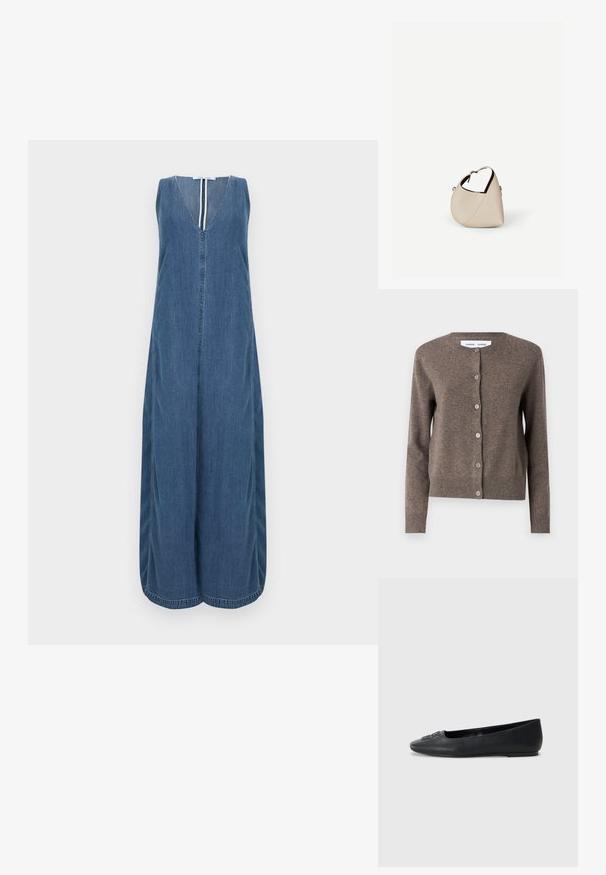 Samsøe Samsøe SABOSTON CARDIGAN 6304 - Gilet - grey blue mel.; Robe sans manches en denim avec un profond décolleté en V, longueur totale et fronces sur les côtés. Finitions soignées avec des bords nets et une patte de boutonnage centrale.; Ballerine en cuir noir avec une texture lisse, bout arrondi et décoration subtile à l'avant. Talon plat et bas.; Sac à main en cuir beige en forme de croissant avec une seule bandoulière et des coutures minimalistes, posé sur un fond blanc uni.