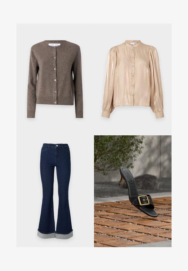 Samsøe Samsøe Kardigan - grey blue mel.; VILA VISEANEEN - Nööpidega pluus - feather gray; Tumesinised kõhuli lõikega teksapüksid kõrge vöökohaga, varustatud hele sinise allalöödava kantimise ja nelja taskuga. Valmistatud denimist, millel on sile tekstuur.; Mustast nahast kõrgete kontsadega mulu kuldse pandlaga, mis hõljub puidust plaaditud põranda kohal, õues roheline põõsas ja kivimüür taustal.
