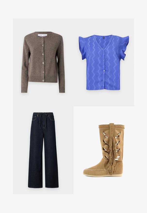 Samsøe Samsøe Chaqueta de punto - grey blue mel.; Blusa azul de manga corta con cuello en V, que presenta un patrón en zigzag y cierre de botones en el frente. Tejido texturizado con mangas de volantes.; Pantalones de mezclilla de pierna ancha en azul oscuro con cintura ajustable, diseño estándar de cinco bolsillos y detalles de costura en contraste.; Bota de ante color canela hasta media pantorrilla con patrones de hojas cortados con láser, adorno trenzado, grandes borlas laterales, costuras estilo mocasín en la puntera y suela plana.