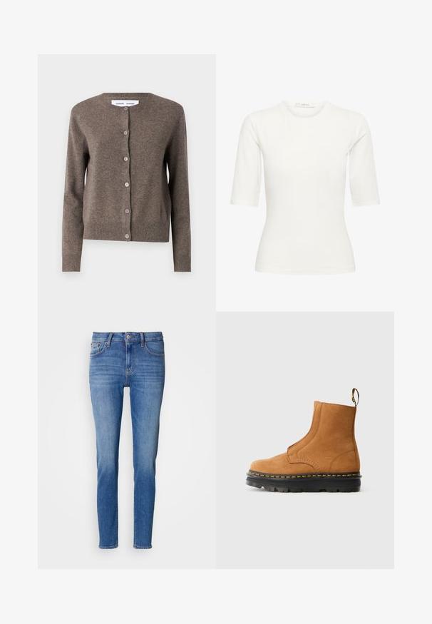 Samsøe Samsøe Kardigan - grey blue mel.; Valge lühikeste varrukatega keha järgnev top ümar kaelusega ja krae juures sildiga "GESTUZ".; Heledad sinine denim püksid kitsase lõikega, viie tasku kujundusega, nööbkinnitusega ja kerge värvimuutusega. Õmblusdetailid mööda õmblusi.; Karamelli suède pahklu saapad tekstuuriga pinnaga, elastsed külgpaneelid ja must kummist tallad, mille servas on kollane õmblus.