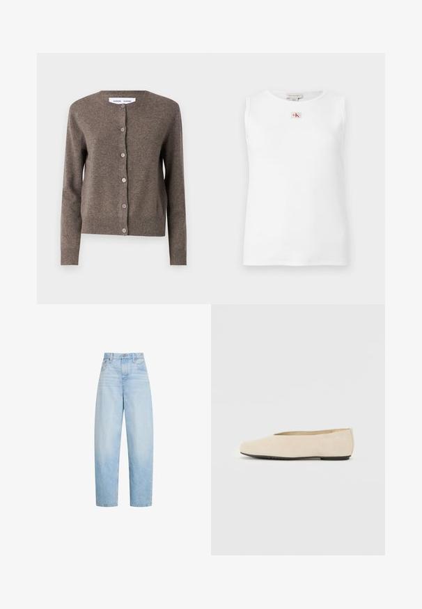 Samsøe Samsøe Kardigán - grey blue mel.; Biely bezrukávnik so žebrovaným vzorom a malým červeno-čiernym logom Calvin Klein umiestneným v strede pod výstrihom.; Svetlomodré rifle s vysokým pásom a rovnými nohavicami, s prednými vreckami, pútkami na opasok a zapínaním na gombík.; Béžové semišové baleríny s okrúhlou špičkou, plochou podrážkou a minimalisticým dizajnom. Hladký povrch bez viditeľného kovania alebo ozdôb.