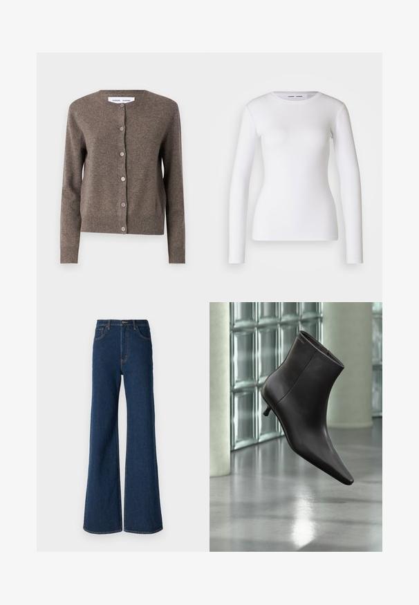 Samsøe Samsøe Ζακέτα - grey blue mel.; Λευκό πουκάμισο με μακριά μανίκια φτιαγμένο από ριμπ ύφασμα, διαθέτοντας στρογγυλή λαιμόκοψη και εφαρμοστή γραμμή. Δεν υπάρχουν σχέδια ή διακοσμητικά στοιχεία.; Abercrombie & Fitch Τζιν χαλαρής εφαρμογής - rinse; Μαύρο δερμάτινο μποτάκι με μυτερή μύτη και μικρό τακούνι, παρουσιάζεται μπροστά σε τοίχο από γυάλινα τετράγωνα και γυαλισμένο δάπεδο.