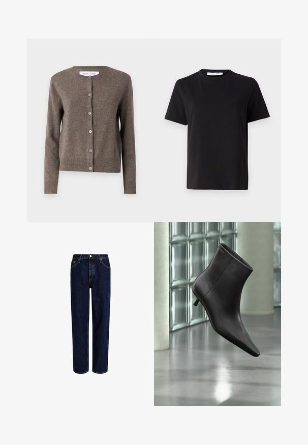Samsøe Samsøe SABOSTON CARDIGAN 6304 - Gilet - grey blue mel.; T-shirt noir à manches courtes en coton doux, avec un col rond, une coupe décontractée et une texture lisse. Pas de motifs ni de graphiques visibles.; Jeans en denim bleu foncé avec une coupe droite, dotés d'une taille haute, d'un style à cinq poches et de coutures contrastantes. Sans embellissements.; Bottine en cuir noir avec bout pointu et petit talon, présentée devant un mur en blocs de verre et un sol poli.