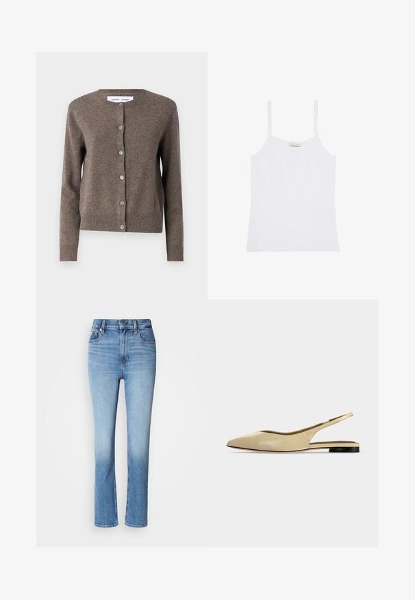 Samsøe Samsøe Kardigán - grey blue mel.; Biele dámske tielko Calvin Klein s tenkými ramienkami a jednoduchým, priliehavým dizajnom.; Modré denimové džínsy s vysokým pásom, priamym strihom, vyblednutým farebným prechodom a piatimi vreckami. Kovový gombík a zips na zapínanie.; Béžová plochá obuv so špicatou špičkou a zapínaním na zadnej strane, nízkym čiernym podpätkom a hladkým koženým povrchom, zobrazená z boku na jednofarebnom pozadí.