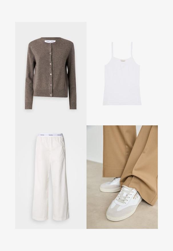Samsøe Samsøe Kardigan - grey blue mel.; Valge Calvin Klein naiste tanktop õhukeste õlapaelte ja lihtsa, kehasse istuva disainiga.; Valged laiad püksid elastse vöökoha ja kontrastse Calvin Kleini logoga. Valmistatud siledast kangast, pakuvad nad mugavat istuvust.; Valged tenniset jalatsid, millel on nahast aksendid, tekstuuriga nöörid ja kummist talla. Kõrvuti laia tan värvi pükstega. Logo on külje peal.