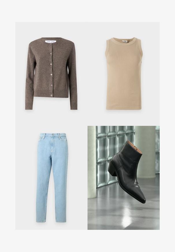 Samsøe Samsøe SABOSTON CARDIGAN 6304 - Gilet - grey blue mel.; Top sans manches beige en tissu côtelé avec un col rond, présentant des coutures ton sur ton et un design ajusté.; Jeans en denim bleu clair avec une coupe droite, design à cinq poches et fermeture à bouton. Présente un léger dégradé et une texture lisse.; Bottine en cuir noir avec un bout pointu et un talon carré lévitant au-dessus d'un sol gris réfléchissant près d'un mur en blocs de verre.