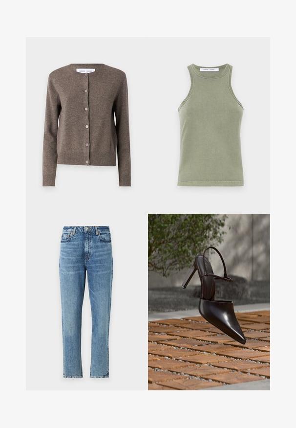 Samsøe Samsøe SABOSTON CARDIGAN 6304 - Kardigán - grey blue mel.; Olivovo zelený top bez rukávov vyrobený z mäkkej bavlny, s okrúhlym výstrihom a prešívanými okrajmi. Jednoduchý, priliehavý strih.; Svetlo modré džínsy s vysokým pásom, rovného strihu a vyblednutou textúrou. Obsahujú strieborné kovové prvky a kontrastné šitie.; Lesklá čierna vysoká päta mule s špičatou špičkou a členkovým remienkom, zavesená nad povrchom z terakotových dlaždíc s medzerami vyplnenými štrkom.